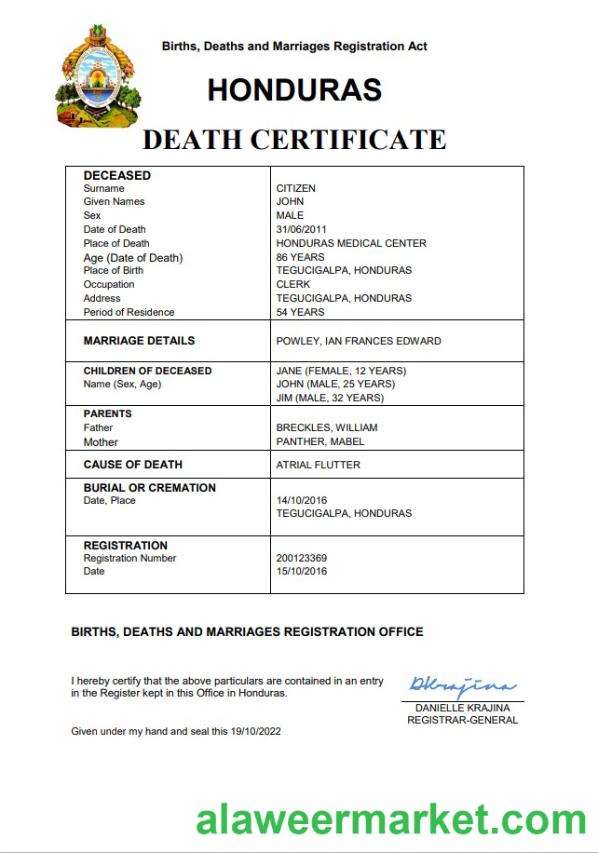 Honduras vital record death certificate Word and PDF template